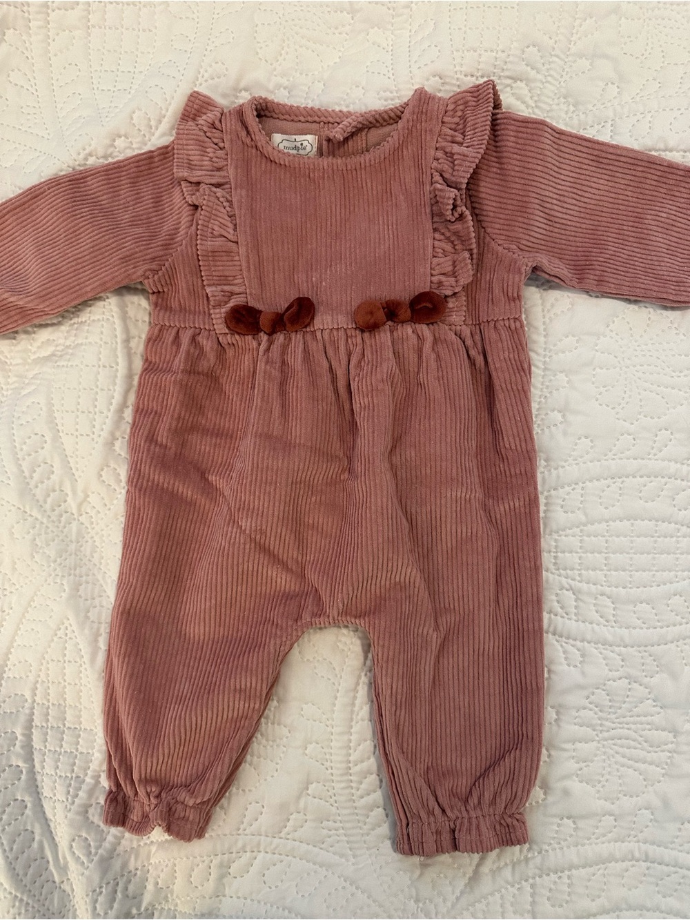 Mud Pie Dusty Rose Corduroy One-Piece with Velvet Bows